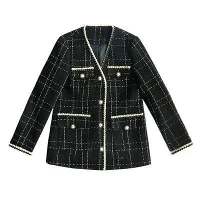 Chic Women's Checked V-Neck Black Tweed Coat