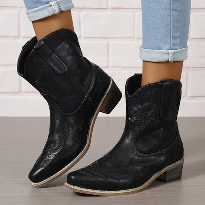 Women's Western Boots Embroidered Leather Pointed Ankle High Block Heel