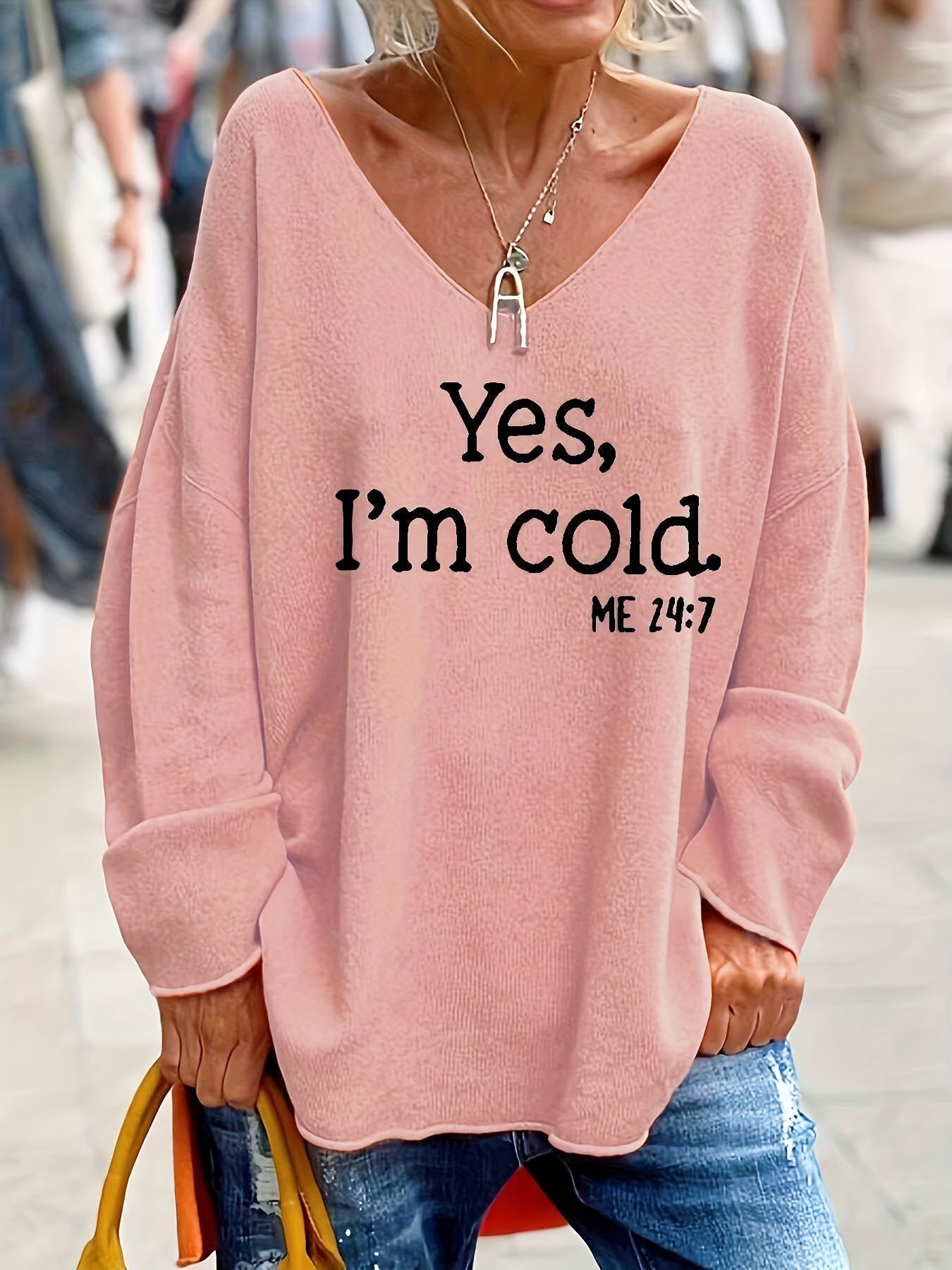 Women's Oversized V-Neck Pattern Sweater