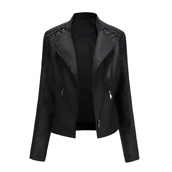 Women's Black Leather Jacket Zipper