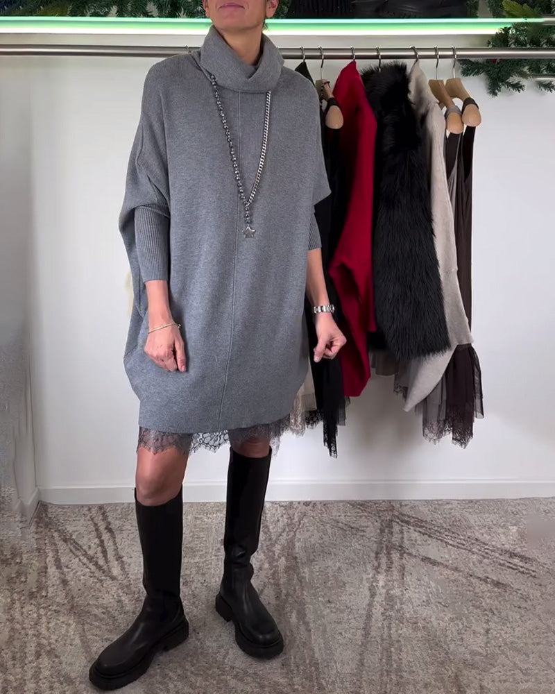 Elegant Spitzenkleid Mit Fledermausärmeln Hochgeschlossen - IdealeKleiden