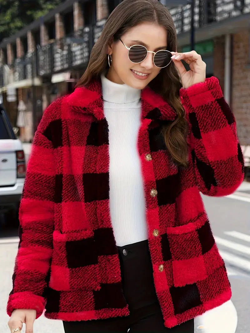 Women's Plaid Fleece Teddy Coat