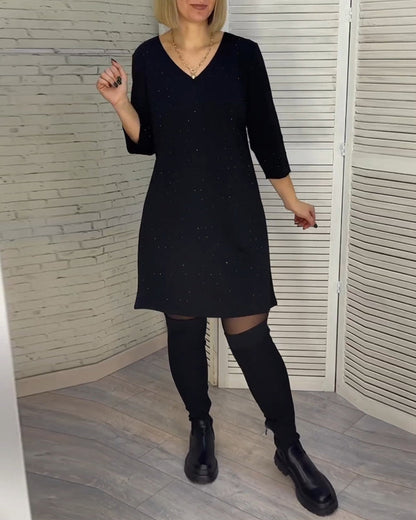 V-neck dress with three-quarter sleeves → Elegant women's dress V-neck stylish