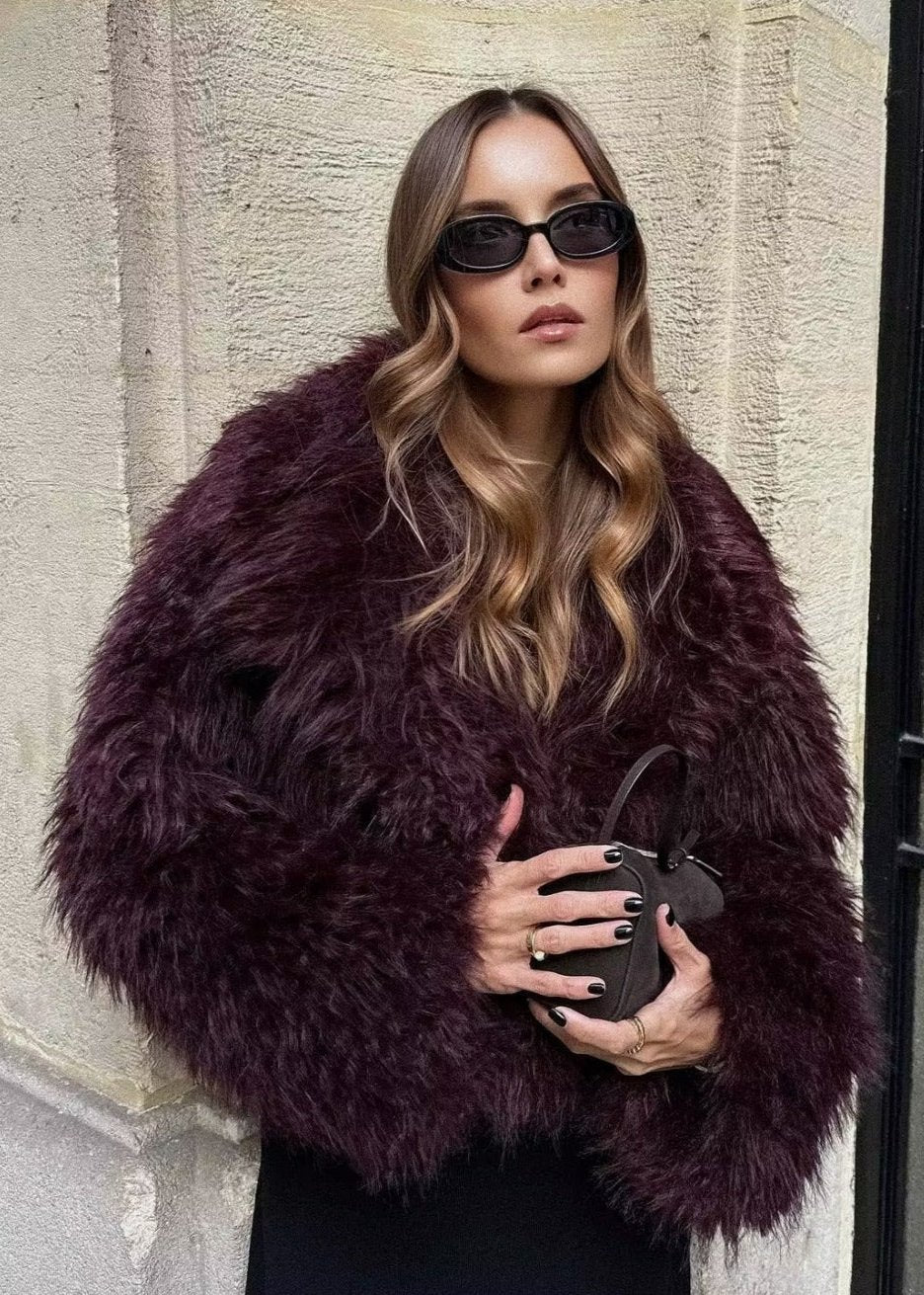 Faux Fur Winter Jacket Burgundy Red Elegant
