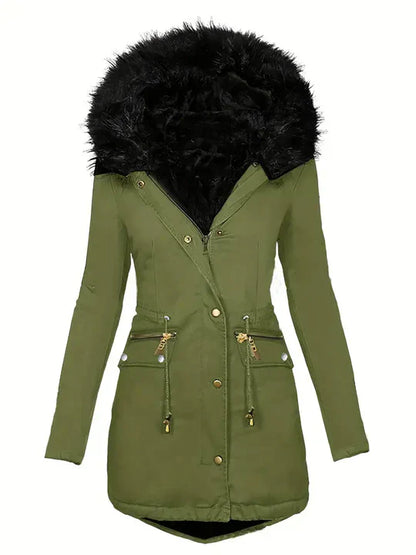 Winter parka coat with faux fur hood and drawstring