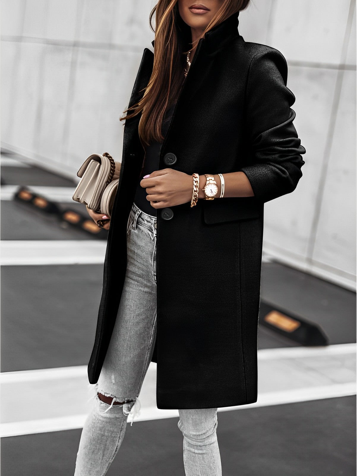 Elegant Women's Long Classic Coat with Buttons