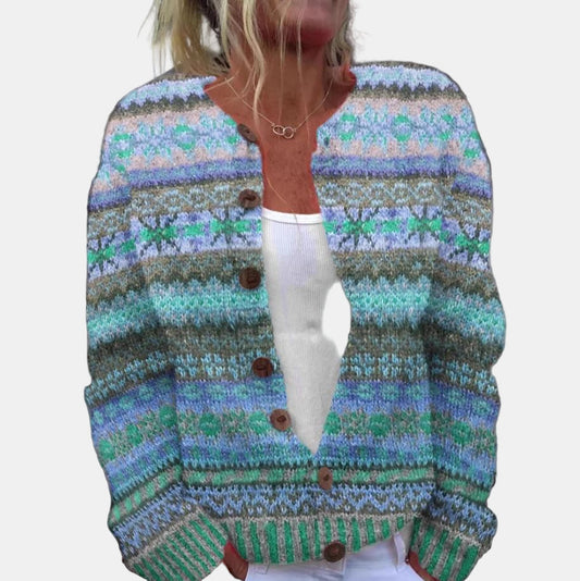 Stylische Strickjacke Blau Gedruckt - IdealeKleiden