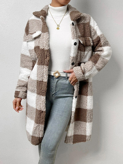 Checked Women's Jacket Plush Collar Button Closure