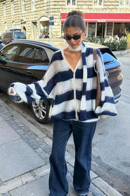 Chic Cardigan V-neck Stripe Pattern