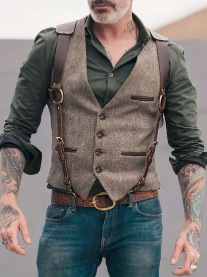 Men's Leather Vest Vintage Style Buckle