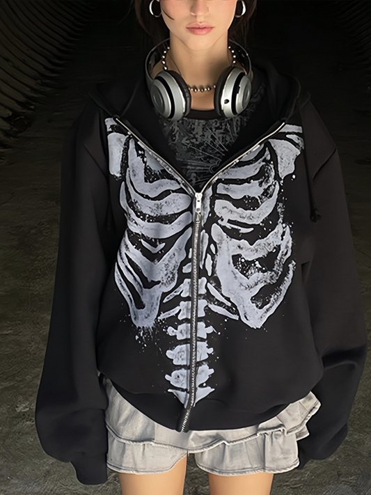 Stylische Oversized Hoodie Schwarz Skelett Design - IdealeKleiden