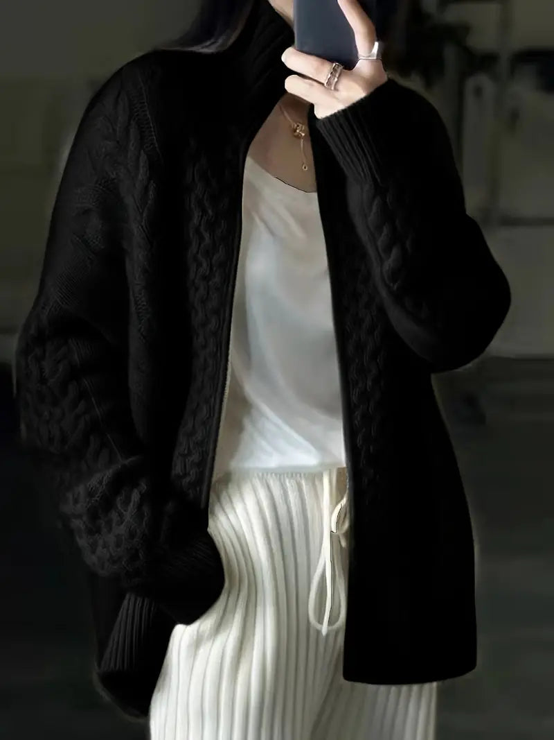 Classic zipped cardigan with a high collar design