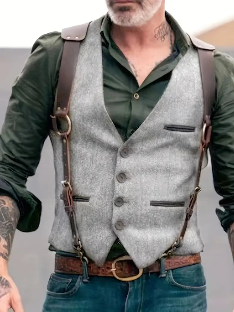 Men's Leather Vest Vintage Style Buckle