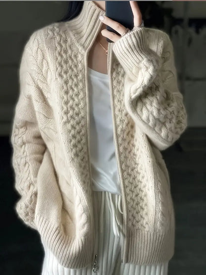 Classic zipped cardigan with a high collar design