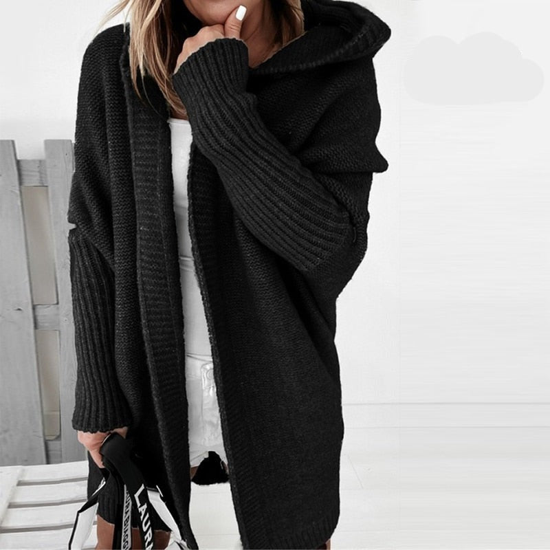 Long Women's Knitted Cardigan Hood