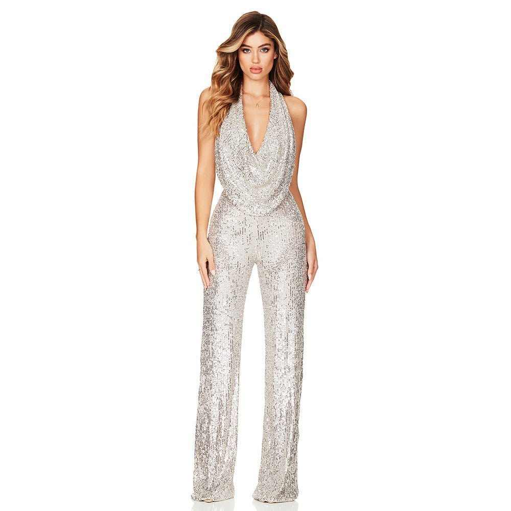 Glitter Jumpsuit Halterneck Backless Glamour