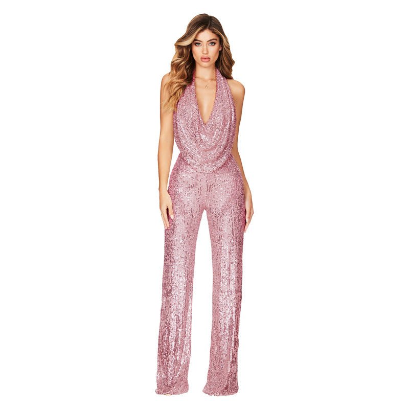 Glitter Jumpsuit Halterneck Backless Glamour