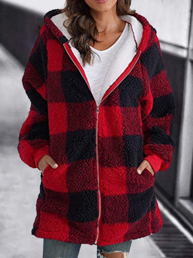 Winter Jacket Plaid Fleece Hoodie Warm