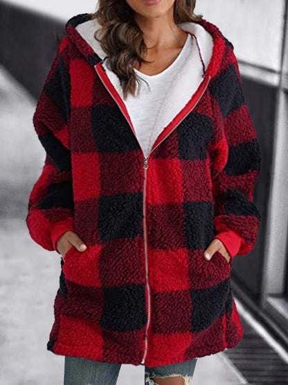 Winter Jacket Plaid Fleece Hoodie Warm