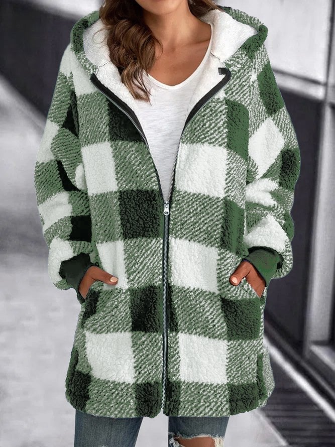 Winter Jacket Plaid Fleece Hoodie Warm