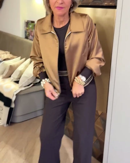 Modische Cropped Jacke Glänzend Revers - IdealeKleiden