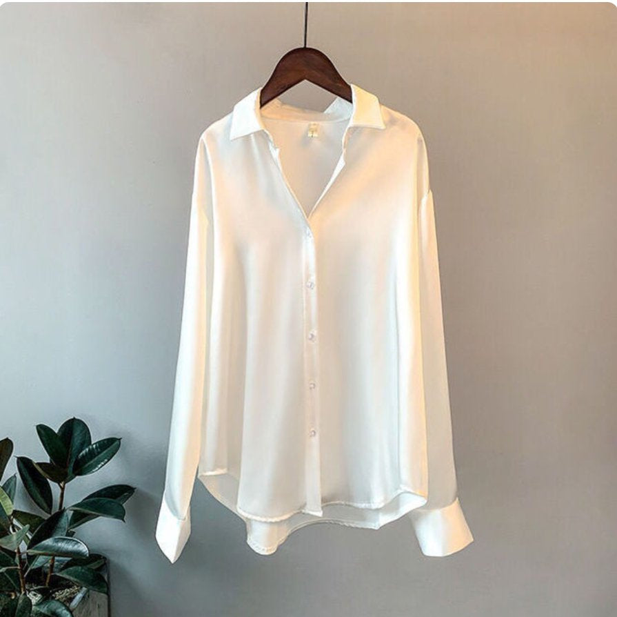 Elegant Satin Blouse Plus Size Button Closure