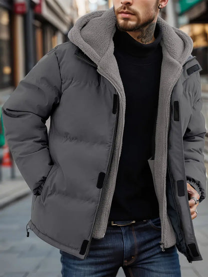 Men's Puffer Jacket Hood Warm Fleece Outdoor
