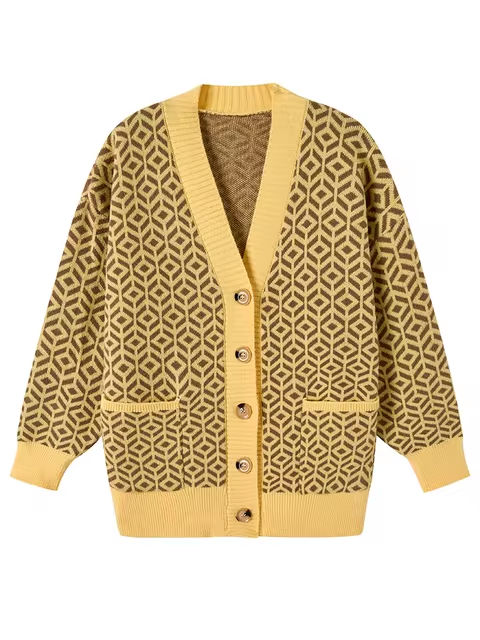 Stylish Knitted Cardigan Geometric Pattern Buttons
