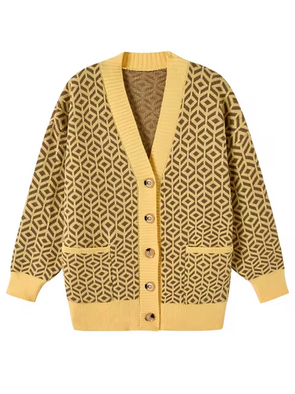 Stylish Knitted Cardigan Geometric Pattern Buttons