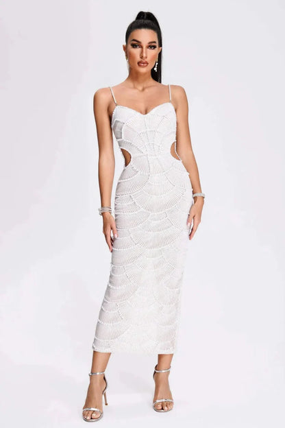 Elegant Weißes Midikleid mit Perlenbesatz - IdealeKleiden
