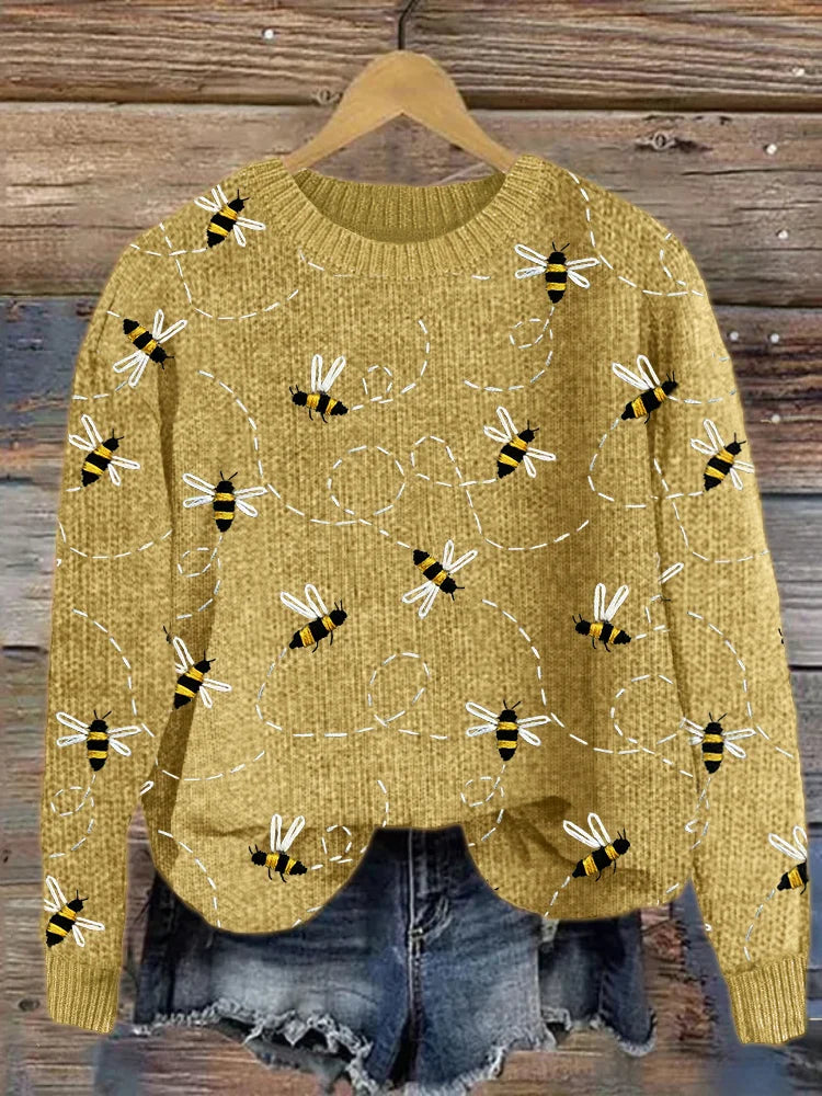 Stilvoller Strickpullover Bienen Muster - IdealeKleiden