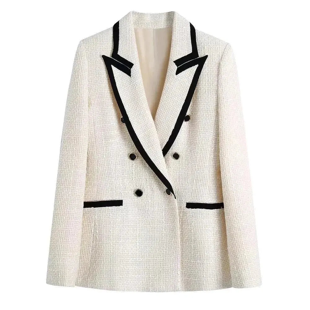 Elegant Women's Blazer White Tweed Patchwork Chic