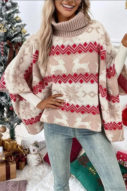 Christmas Sweater Elk Motif High Collar Batwing Sleeves