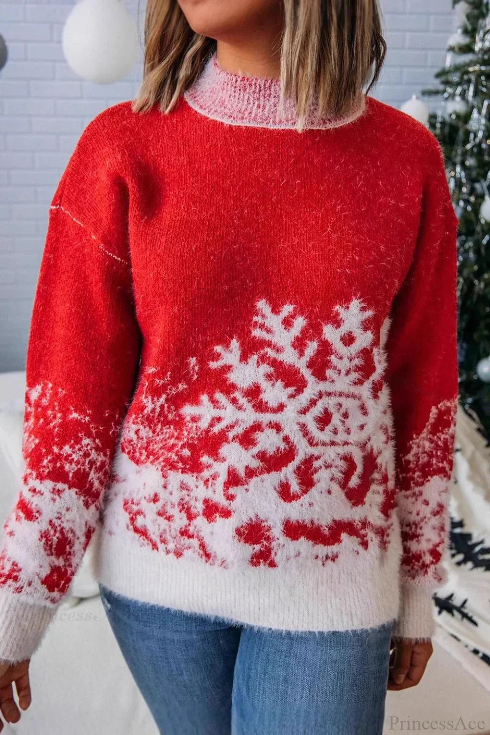 Weihnachtspullover Rot Schneemuster Rollkragen - IdealeKleiden