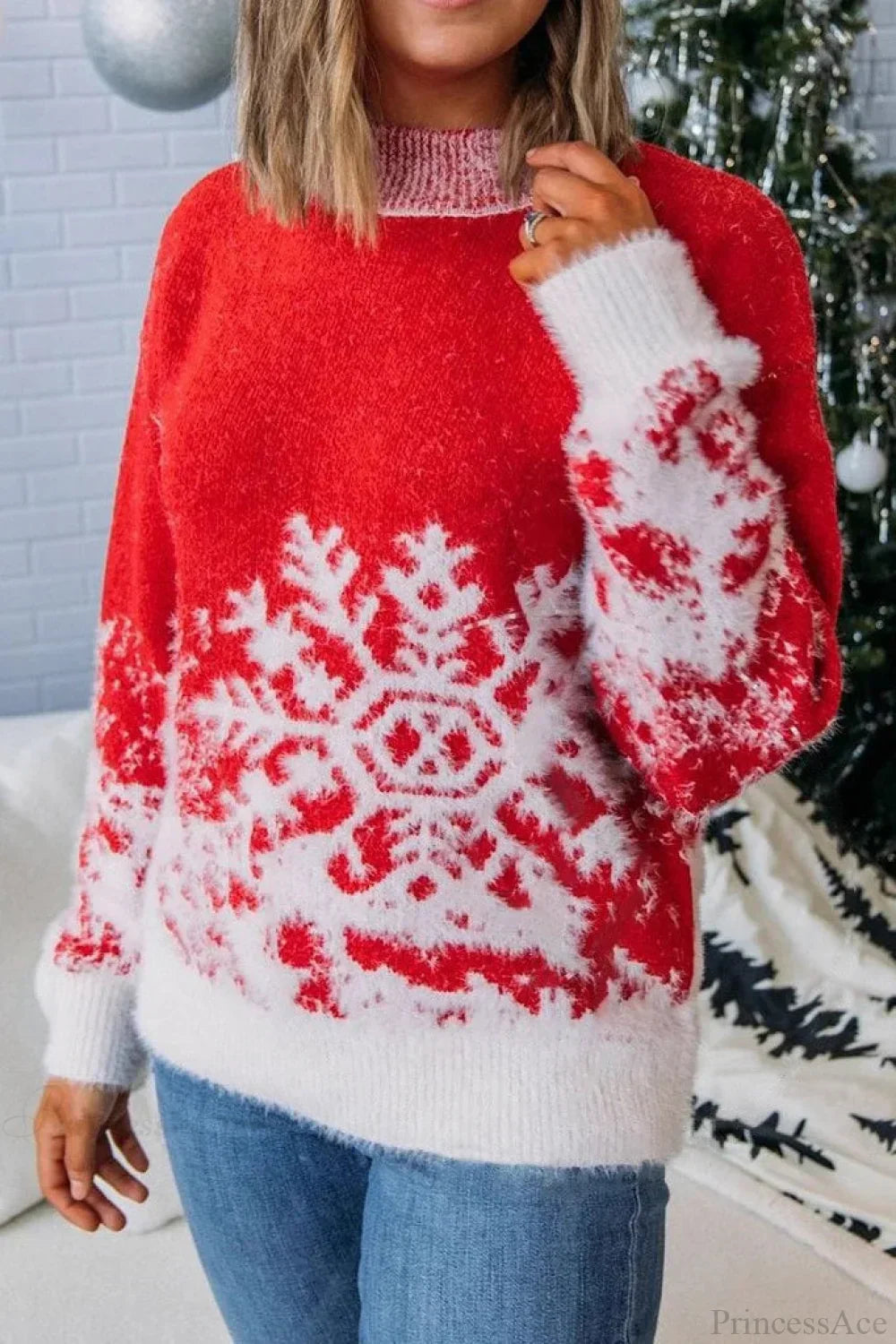 Christmas sweater red snowflake pattern turtleneck