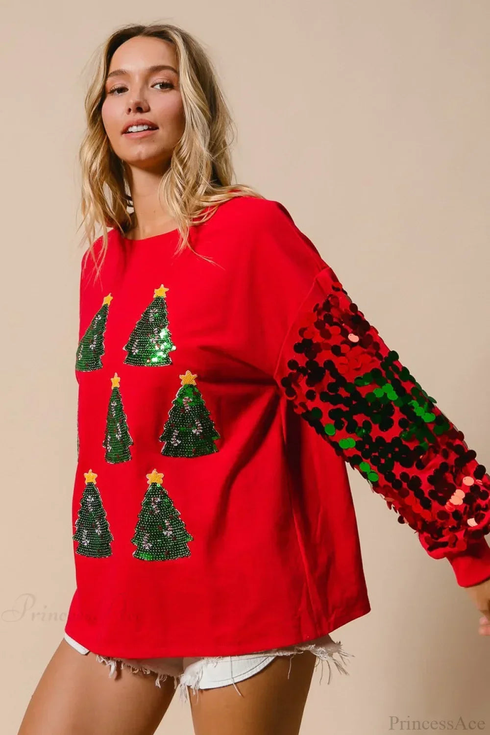Weihnachtssweatshirt Langarm Glitzer Pailletten - IdealeKleiden