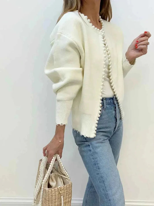 Strick-Cardigan Damen Elegant Perlen Fransen - IdealeKleiden
