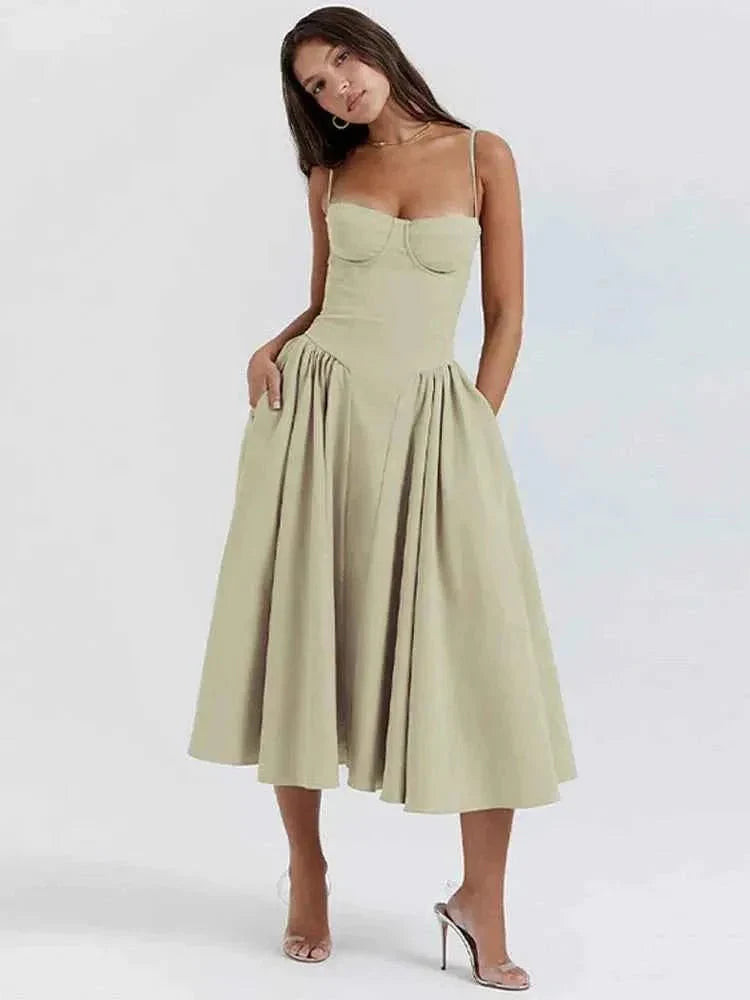 Elegant Midi Dress with Corset Bodice and Skirt