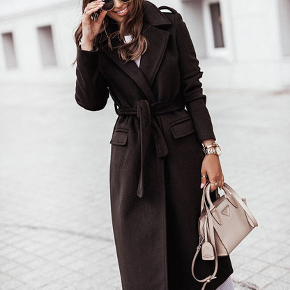 Elegant Long Coat for Women - Lapel Collar and Waist Belt