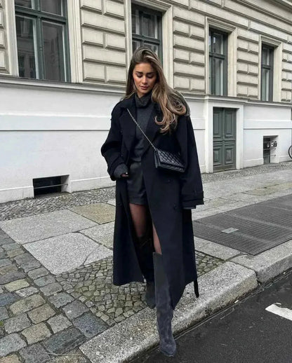 Stylish Women's Black Oversized Trench Coat with Belt