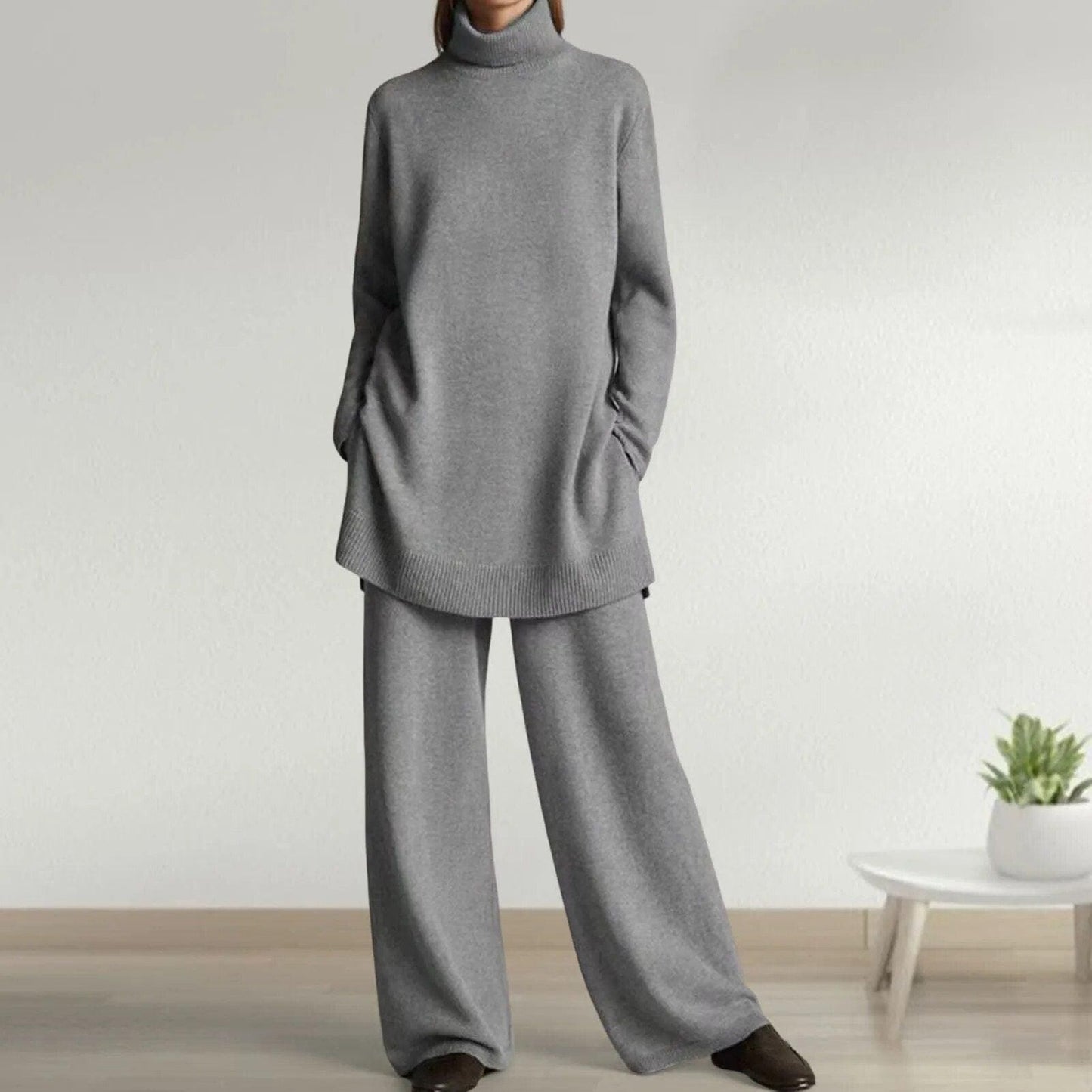 Stylish turtlenecks and wide-leg trousers