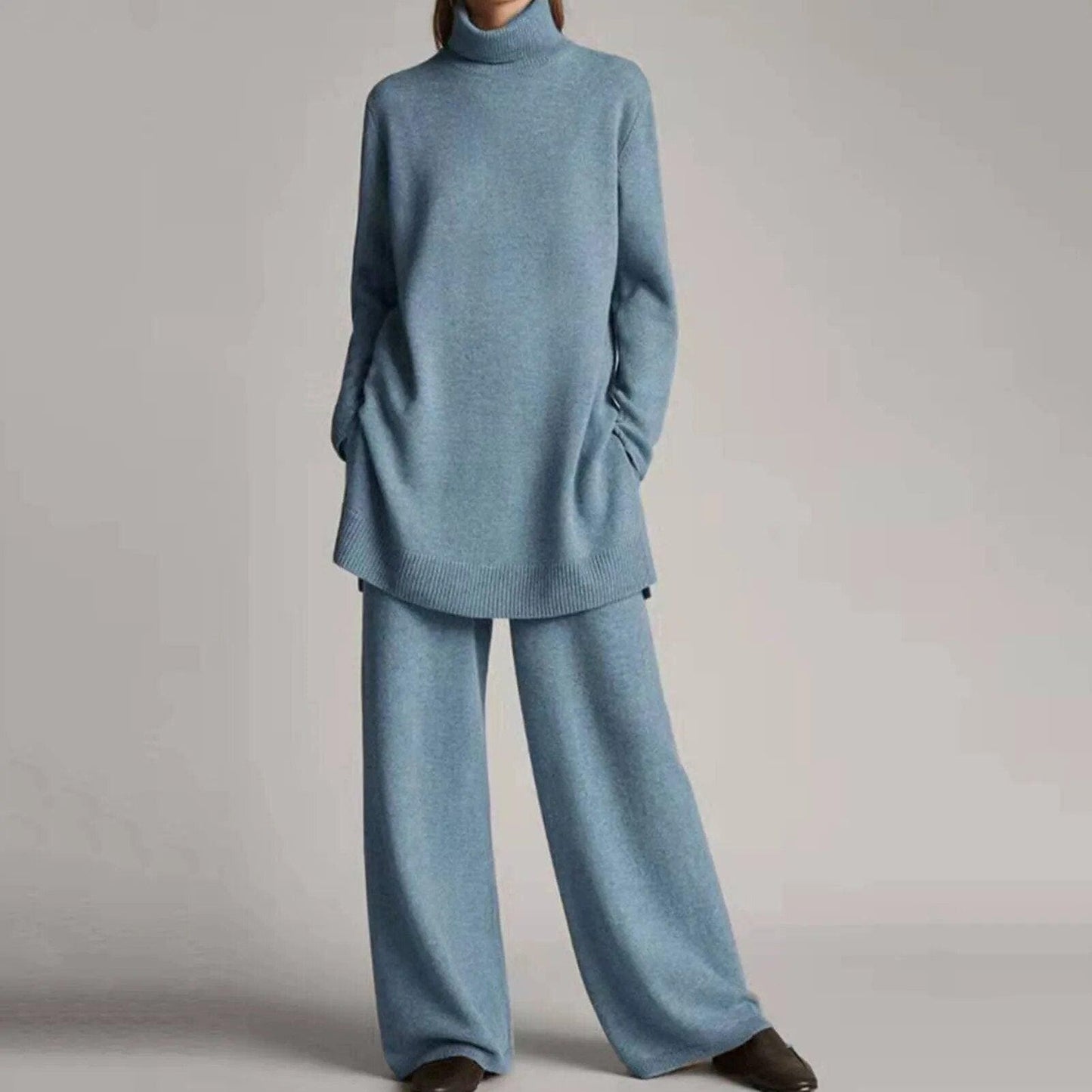Stylish turtlenecks and wide-leg trousers