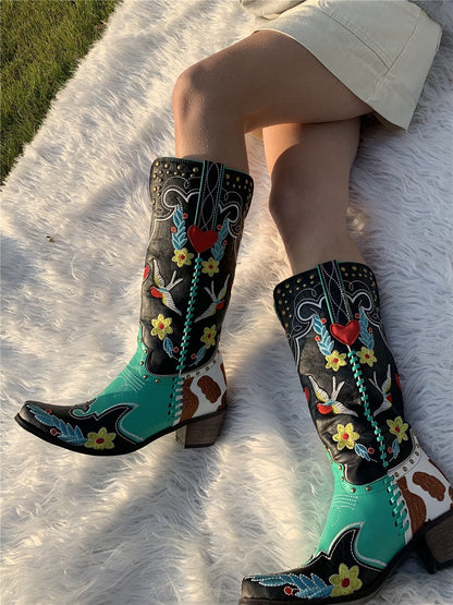 Women's Western Boots Floral Embroidery Elegant