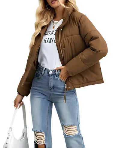 Women's Warm Puffer Jacket with Zipper and High Collar → Women's Warm Insulated Modern Winter Jacket