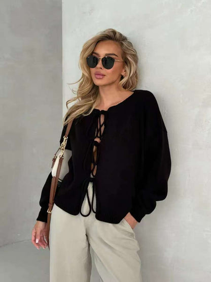 Fashionable Short Lace-Up Cardigan