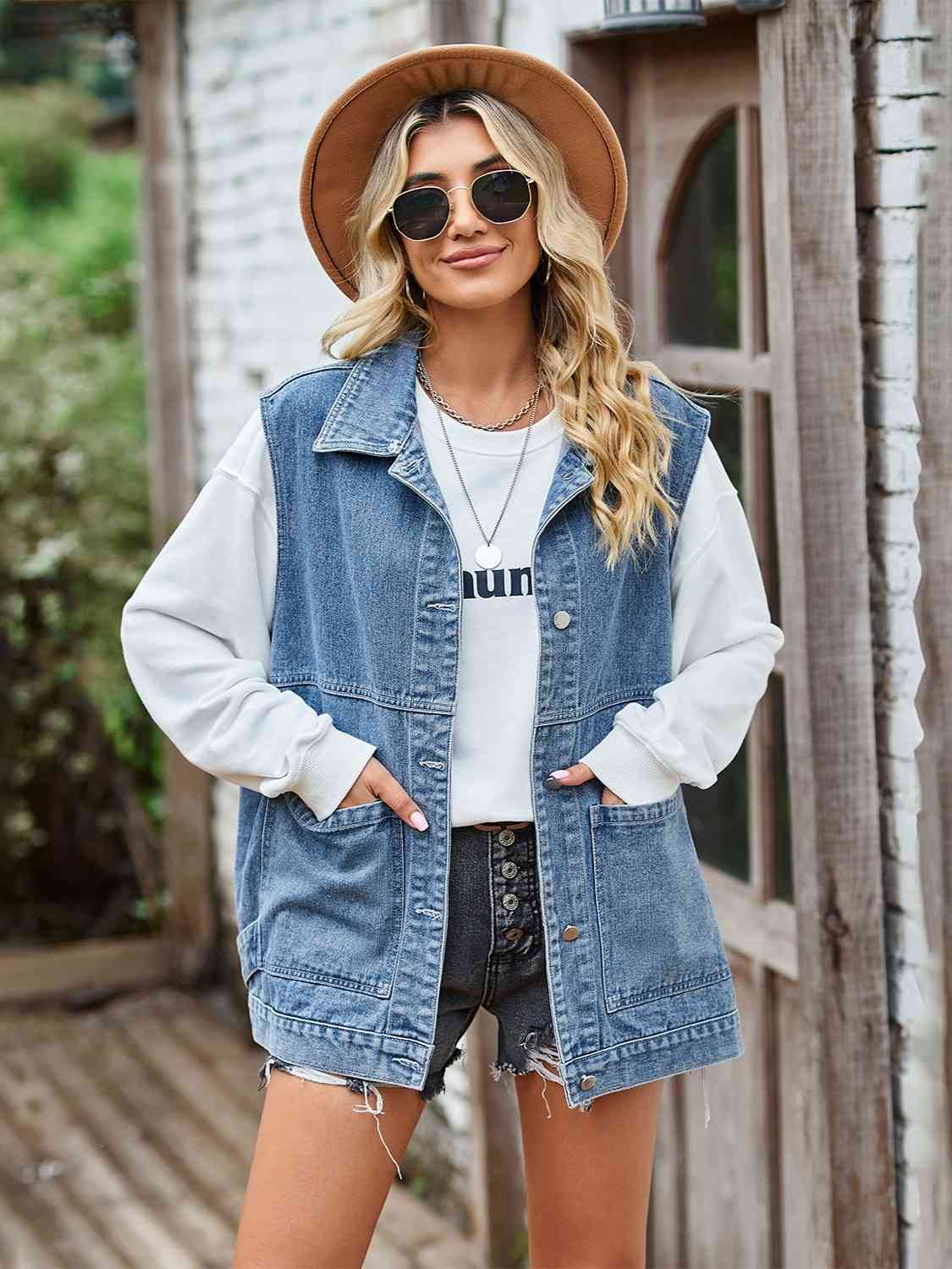 Ärmellose Jeansjacke Mit Knöpfen Trendy Design - IdealeKleiden