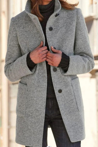 Elegant Wool Jacket Stand-up Collar Plain