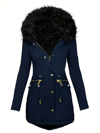 Winter parka coat with faux fur hood and drawstring