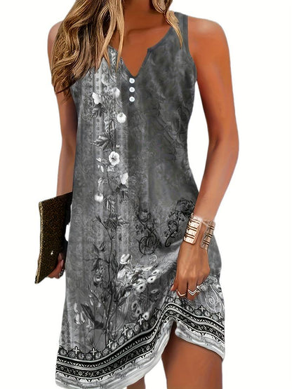 Women's Summer Dress with Floral Pattern and V-Neck