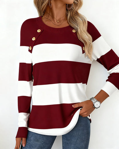 Casual Women's Blouse Round Neck Striped Long Sleeve